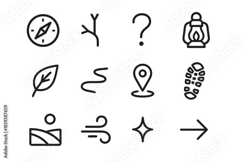 Exploration Icon Set. Curious Wandering linear set: compass dial, branching trail, question mark, soft lantern, exploration leaf, meandering line, distant marker, travel boot print
