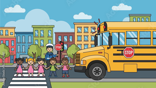 Children crossing the street in front of a stopped school bus on a sunny day
