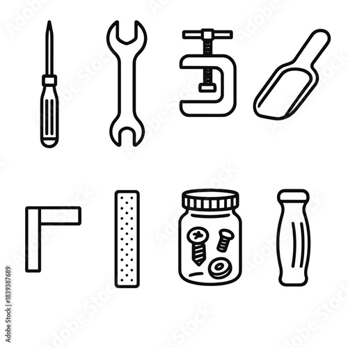 Workshop Tool Icons. Workshop Micro-Utility Set linear set: fine-tip driver, slim wrench, small clamp block, parts scoop, mini square, sand strip, hardware jar, grip handle.