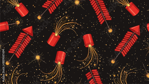 Fireworks explode in the night sky with vibrant red and golden sparks