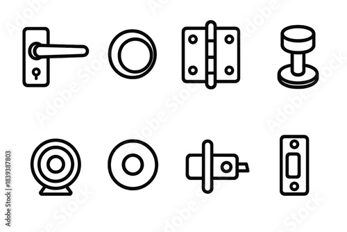 Door Hardware Icons. Door Fitting Collection linear set: sleek handle, round knob, hinge trio, wall-mounted stop, wide-angle viewer, floor plate, spring latch, alignment plate.
