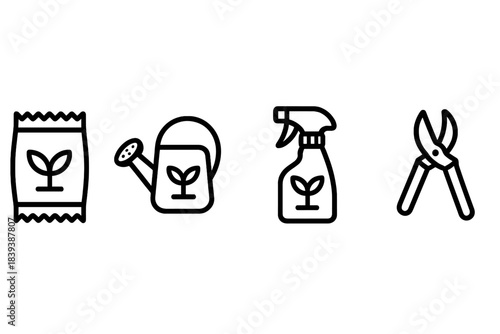 Plant Care Icons. Plant Care Products linear set: fertilizer-sachet tile, watering-can bead, pruning-shear node.
