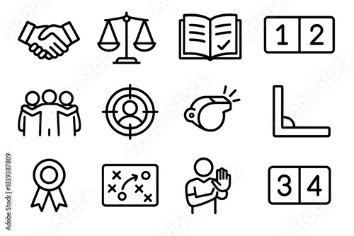 Icons of Fair Play. Healthy Competition linear set: fair play handshake, balanced scale, rulebook, match scoreboard, team huddle, focus target, referee whistle, boundary line