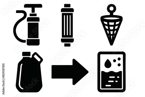 Bold Water Filter Icons. Portable Water Filter Set silhouette set: pump filter, hollow-fiber cartridge, pre-filter mesh, collapsible water bag, flow arrow, clarity meter.