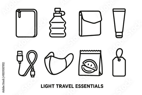 Travel Essentials Icons. Light travel essentials linear set: slim organizer, foldable bottle, travel wallet, mini toiletry tube, charging cord, mask cover, snack bag, tag label.
