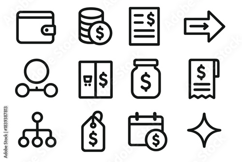 Financial Icons Collection. Everyday Money Decisions Icons linear set: wallet icon, coin stack, budget note, spending arrow, choice bubble, cost comparison bar, savings jar,