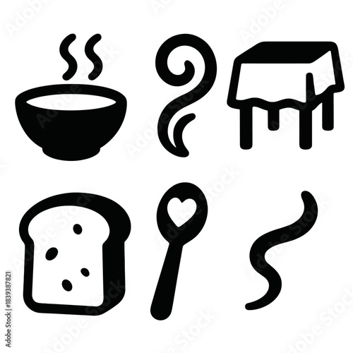 Comfort Food Icons. Comfort Food Moments silhouette set: warm bowl, steam swirl, cozy table, soft bread slice, heartwarming spoon, gentle aroma line.