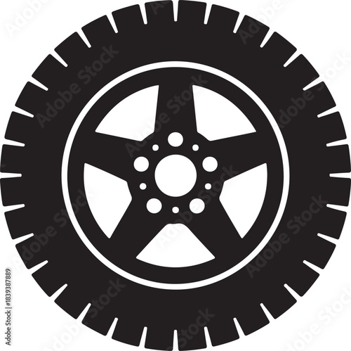 Black silhouette of a car tire with a five-spoke wheel automobile vehicle