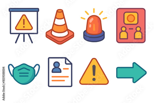Safety Icons Collection. Community safety learning set isometric flat set: classroom chart, safety cone, signal light, demonstration kit, protective mask, emergency contact sheet,