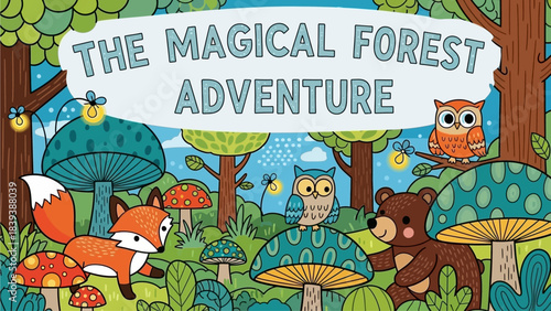 A magical forest adventure featuring animals, trees, and mushrooms in a whimsical illustration.
