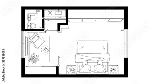 High-quality black line art of a master bedroom floor plan with king-size bed, side tables, wardrobe, and a small reading nook, modern interior layout design