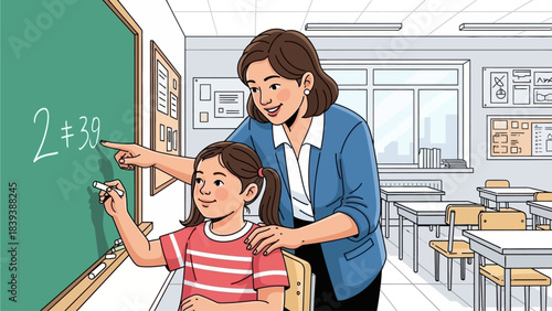 Teacher guiding a young student in a classroom setting while solving a math problem on the blackboard