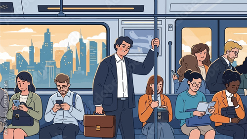 Commuters traveling on a train during sunrise with cityscape in the background