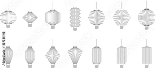 set of chinese lantern outline vector isolated on transparent background. Collection of traditional chinese lanterns