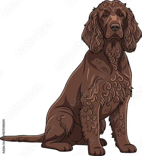 Irish Water Spaniel dog sitting relaxed facing front pose