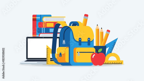 Back to School Supplies Backpack, Laptop, Books, Apple, and Pencil on a Clean Background