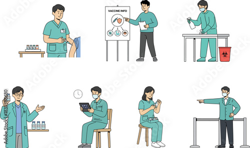 Healthcare Workers Delivering Vaccine and Health Information Set