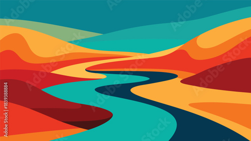 Abstract colorful landscape with winding river and rolling hills