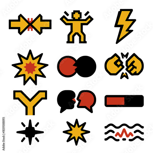 Conflict Icon Set. Active Conflict pixel style set: clashing arrows, broken line, tense figure, sharp zigzag, impact burst, opposing circles, confrontation bubble, friction mark,