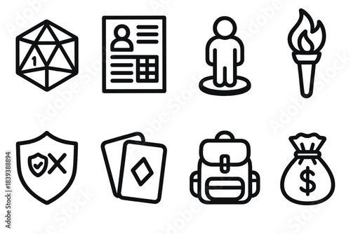 RPG Icon Collection. Tabletop RPG icons linear set: polyhedral dice, character sheet, mini figure, torch, skill check symbol, card deck, backpack, treasure pouch.
