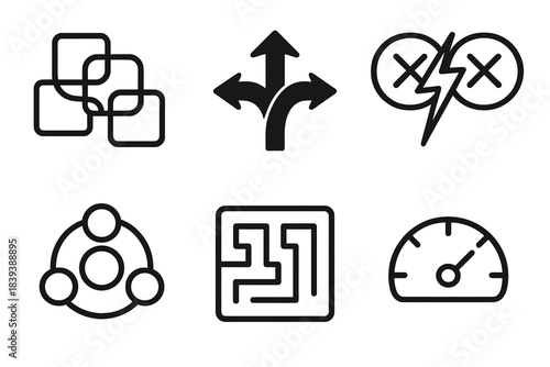 Interactive Decision Icons. Option Interaction Frameworks linear set: interwoven choice tiles, conditional path arrow, conflicting priorities icon, hierarchy ring, decision