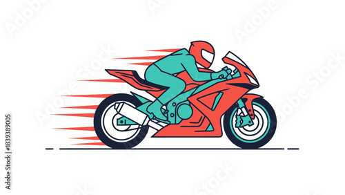 A fast-moving sport motorcycle with a rider in a helmet and suit, depicted with speed lines in a flat illustration style.