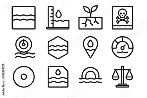 Aquatic Monitoring Icons. Freshwater Stability Structures linear set: water reserve tile, groundwater level gauge, drought impact node, contamination warning bar, flow-control dial