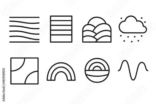 Optical Pattern Icons. Optical Atmosphere Patterns Set linear set: refracted sky strip, spectral blend field, hue-layer band, light-scatter puff, chromatic gradient tile,