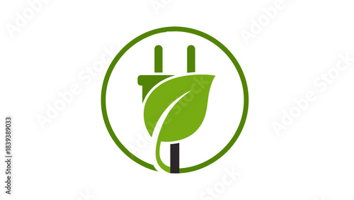 A green leaf integrated into an electrical plug symbol within a circle, representing eco-friendly energy.