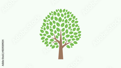 A simple, stylized graphic illustration of a vibrant green tree with a brown trunk and many individual leaves on a light background.