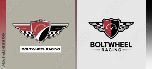 Boltwheel Racing winged shield logos with speedometer and checkered flag, motorsport emblem set, modern vector branding for automotive clubs, teams and events