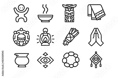 Ancestral Ceremony Motifs. Ancestral Ceremony Motifs linear set: ancestor symbol, smoke offering, carved totem, heritage cloth fold, drum circle, guiding light icon, ritual herbs