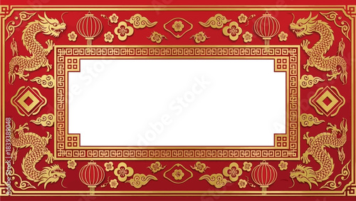Vibrant Asian Festive Banner Design Featuring Golden Dragons and Auspicious Motifs