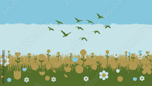 A stylized illustration depicting a flock of birds flying over a vibrant field of wildflowers and green grass under a clear blue sky.