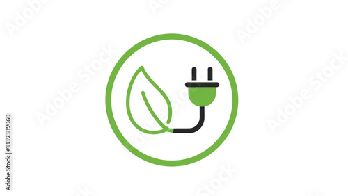 Green energy symbol with a leaf and an electrical plug inside a circle.