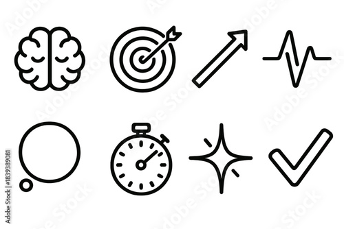 Icons of Mental Strength. Mental Endurance linear set: calm brain, focus ring, persistence arrow, steady pulse, clarity bubble, long-focus timer, resilience spark, determination