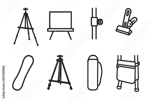 Portable Easel Icons. Portable easels linear set: foldable tripod easel, canvas holder bar, height adjust knob, support shelf, clamp clip, carry strap, stabilizing feet, storage