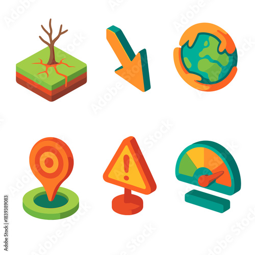Ecological Risk Icons. Ecological Fragility Set flat isometric set: weakened biome tile, hazard signal arrow, environmental stress icon, impact hotspot ring, warning marker node,