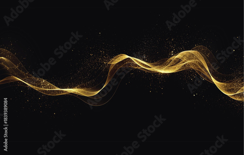 Abstract golden waves flowing through dark space with subtle geometric elements