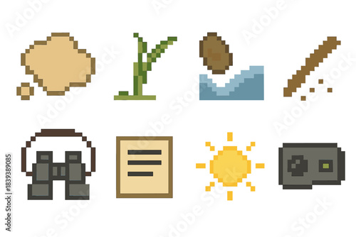 Tracking Icons Set. Tracking field essentials set of icons in flat pixel vector style: trail dust patch, bent grass sign, water edge print, tail drag mark, binocular strap, note