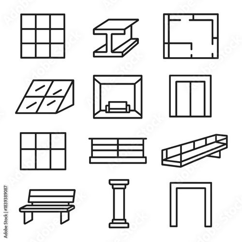 Outline Urban Architecture. Modern Built Spaces linear set: glass facade, steel beam, open lobby, floor plan, skylight panel, terrace railing, elevator door, walkway bridge,