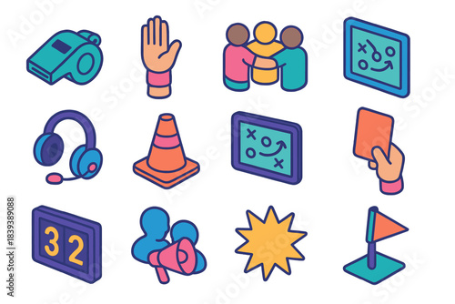 Sports Communication Icons. Game Communication Tools isometric flat set: whistle icon, sideline gesture, huddle circle, tactic sketch, radio headset, signal cone, play grid,