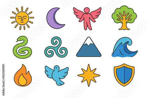 Mythological Symbols Collection. Symbolic Mythology Concepts isometric flat set: sun deity symbol, moon crescent, winged figure, sacred tree, serpent coil, tri-spiral mark,