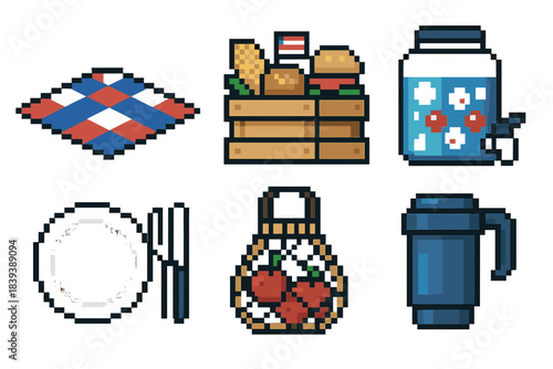 Independence Day Picnic Icons. Independence Day Picnic Setup set of icons in flat pixel vector style: cloth spread, food crate, chilled drink canister, plate set, fruit bag, travel