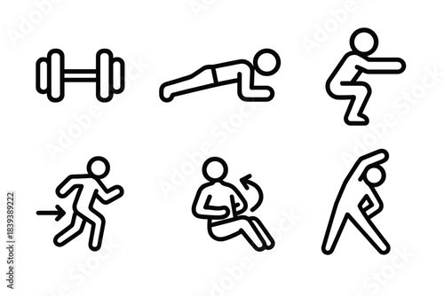 Fitness Icons Series. Physical Conditioning linear set: dumbbell pair, plank pose, squat stance, running arrow, core twist icon, stretch line.