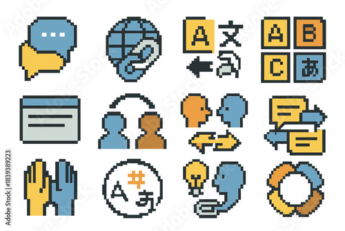 Cross-Language Icon Set. Cross-Language Communication Icons set of icons in flat pixel vector style: speech duo bubbles, global link, translator arrows, alphabet grid, word card,