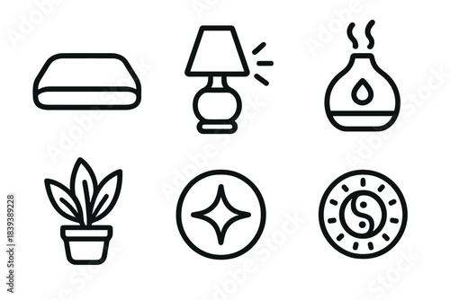 Holistic Home Icons. Holistic Home Retreat linear set: soft seating pad, warm ambience light, diffuser jar, tranquil plant, reflective decor icon, harmony dial.
