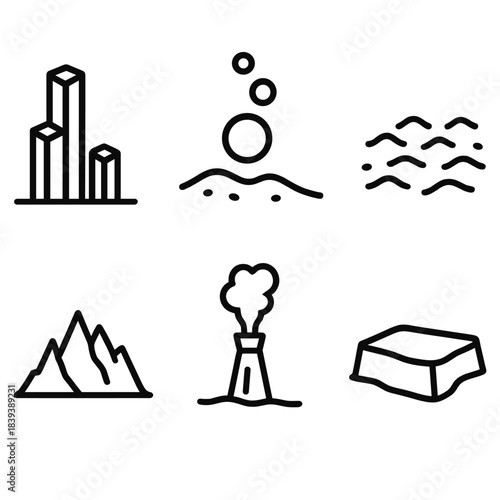 Deep-Sea Terrain Icons. Deep-Sea Terrain Set linear set: basalt pillar, methane seep bubble, soft sediment field, dark ridge crest, vent chimney, underwater plateau icon.