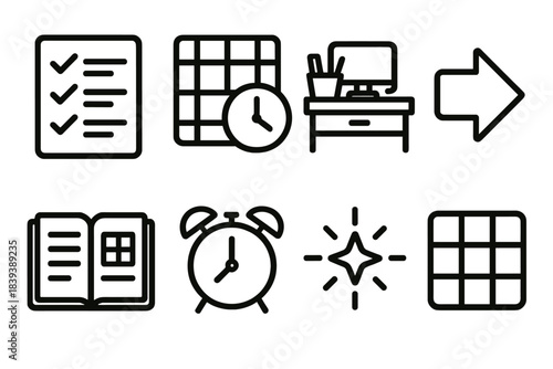 Motivated Morning Icons. Productive Morning linear set: checklist, time block, tidy desk, focus arrow, planner book, early alarm, fresh start spark, organized grid.