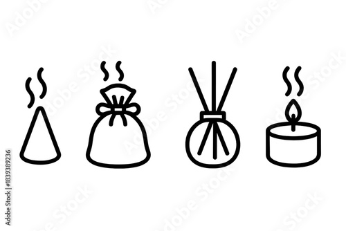 Aromatic Icons. Household Aroma Items linear set: incense cone, scented sachet pouch, diffuser pod.